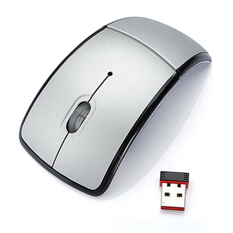 Wireless Foldable Mouse for Travel and Office Use with small USB receiver for easy connectivity.