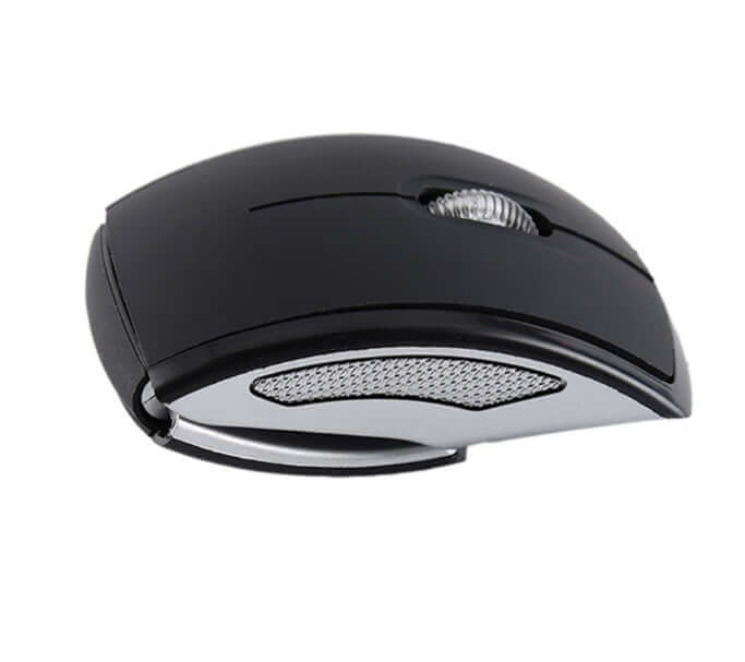 Wireless Foldable Mouse for Travel and Office Use in sleek black design with silver accents.