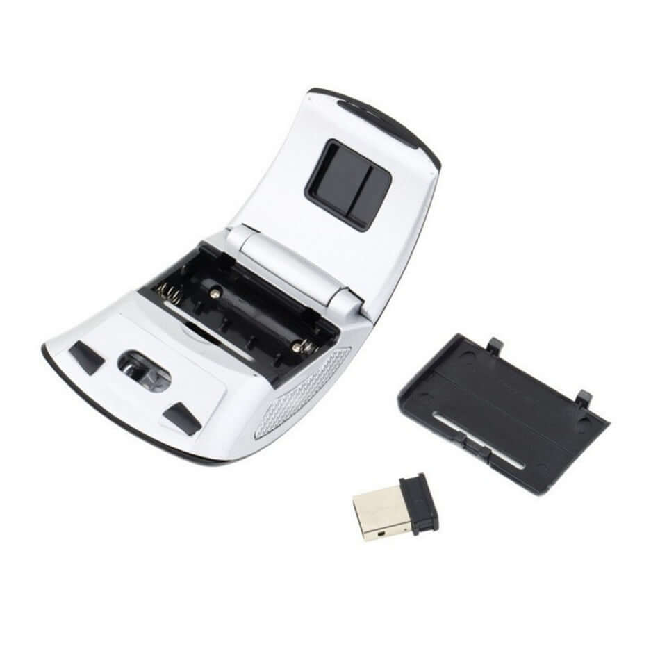 Wireless Foldable Mouse for Travel and Office Use showing the receiver and open design.